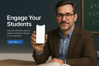 Engaging Teacher with Blue Smartphone in Classroom Setting