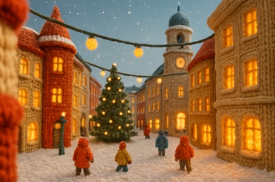 Knit City Covered in Snow with Festive Atmosphere