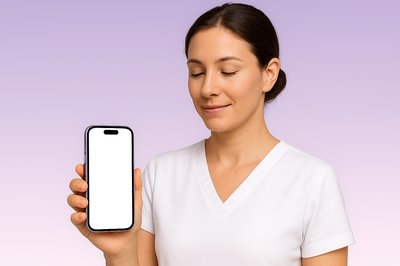 Relaxed Woman Holding Purple Phone with White Screen