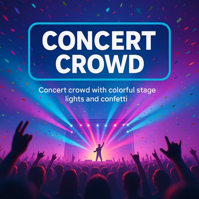 Vibrant Concert Crowd with Colorful Stage Lights and Confetti