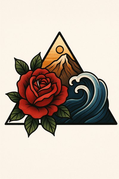 Stylized Tattoo Design Featuring Mountain, Rose, and Waves