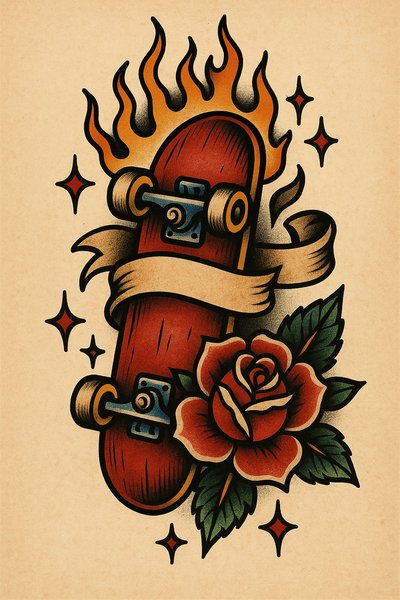Vintage skateboard tattoo design featuring flames and a rose