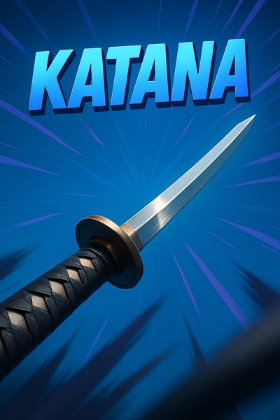 Dynamic illustration of a katana sword with vibrant blue background