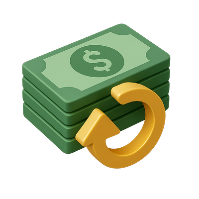 3D Money Return Icon with Cash Stack and Arrow