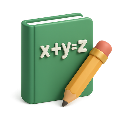 3D Algebra Icon with Book and Pencil Representation