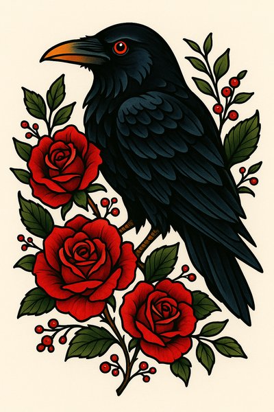 Stylized Illustration of a Black Raven and Red Roses