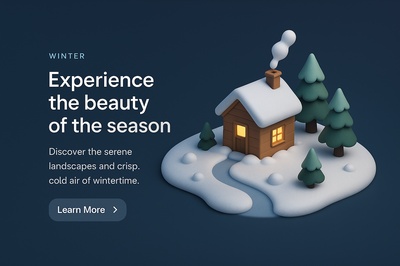 Charming 3D Winter Scene with Cozy Cabin and Snowy Trees