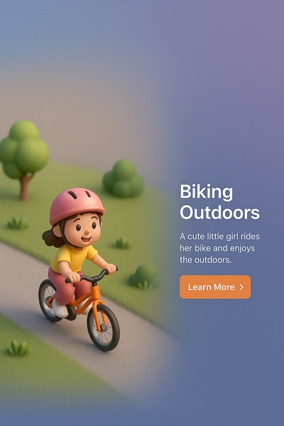 Cute Little Girl Riding Bicycle Outdoors in 3D Scene