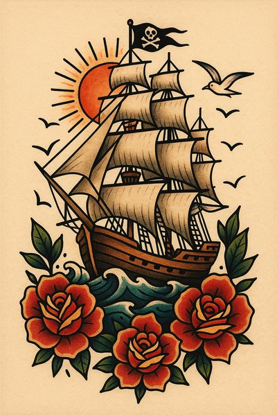 Colorful traditional tattoo design featuring a ship and roses