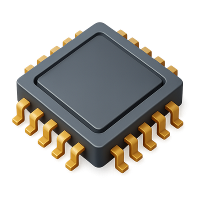 3D Isometric Microchip Icon with Golden Pins