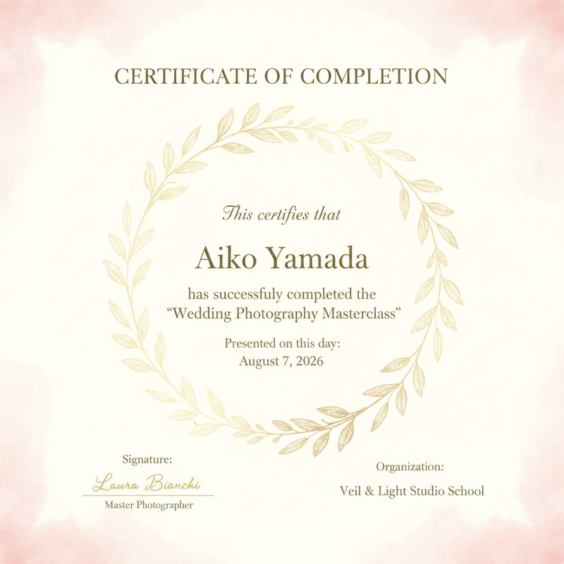 Elegant wedding photography certificate