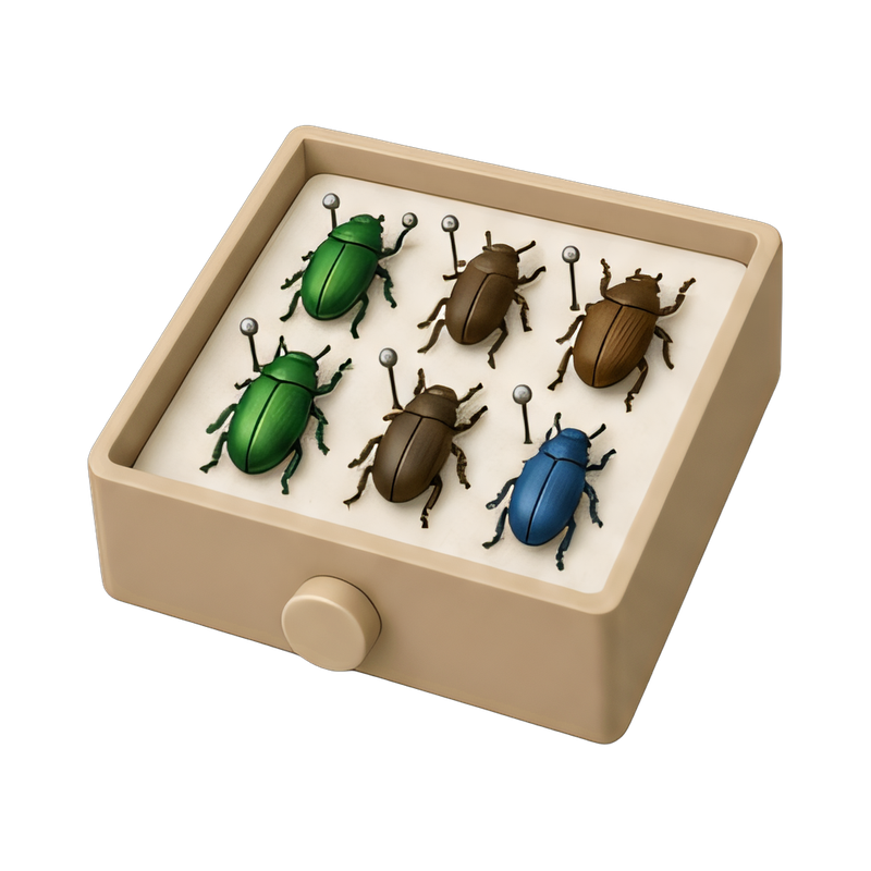 Entomology pin box with beetles
