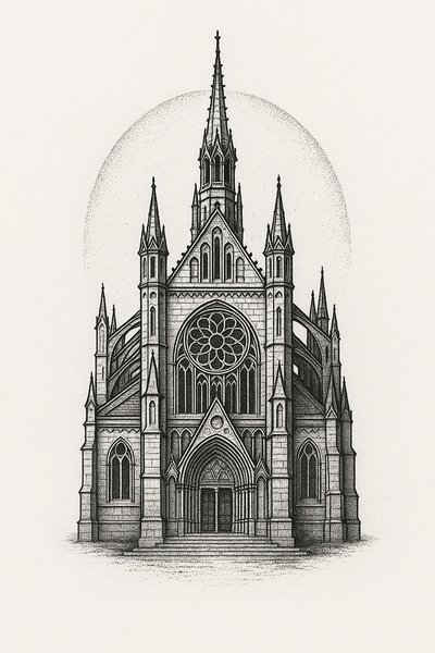 Detailed illustration of a gothic cathedral with intricate design elements