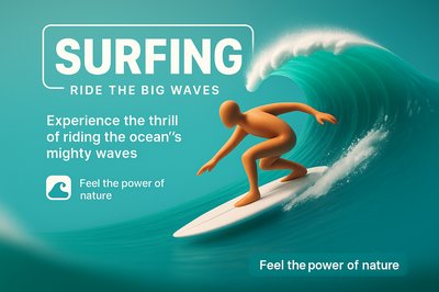 Dynamic 3D Illustration of Surfing with Text Elements
