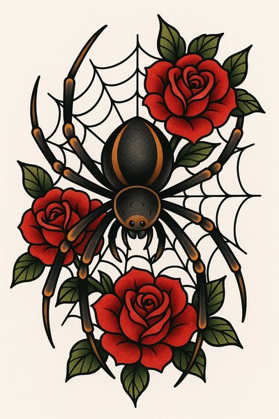 Tattoo Design Featuring Spider and Roses