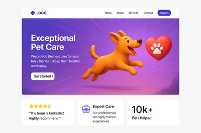 Dynamic Pet Care Landing Page Design Featuring 3D Elements