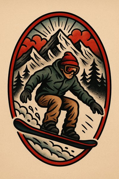 Stylized Snowboarder Illustration with Mountain Background
