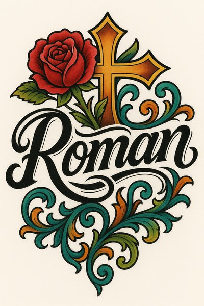 Colorful Tattoo Design Featuring Rose and Cross