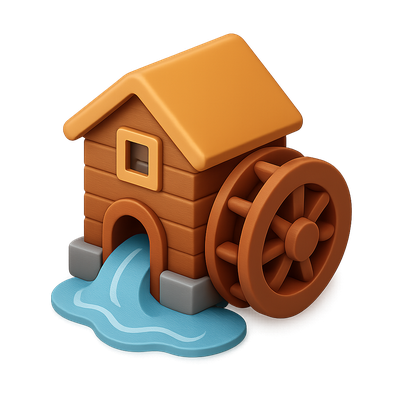Colorful 3D Watermill House Icon with Water Flowing