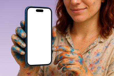 Artist with Paint-Stained Hands Holding a Phone