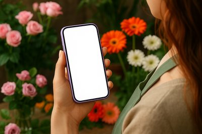 Florist Holding Purple Phone Surrounded by Flowers