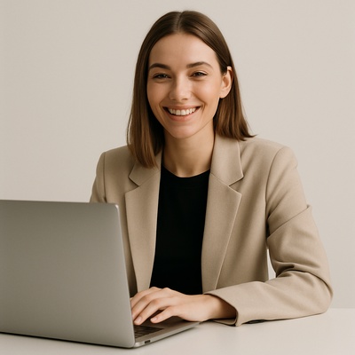 Smiling Woman in Minimalist Setting with Laptop