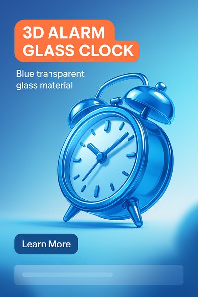 3D Alarm Clock Graphic in Blue Glass Style