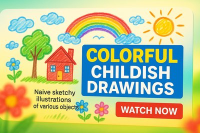 Playful Illustration Featuring Childlike Drawings and a Rainbow