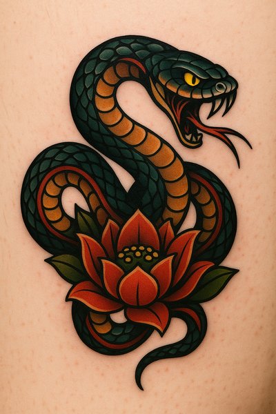 Vibrant Snake and Lotus Flower Tattoo Design