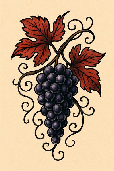 Elegant illustration of grapes with leaves and vines design