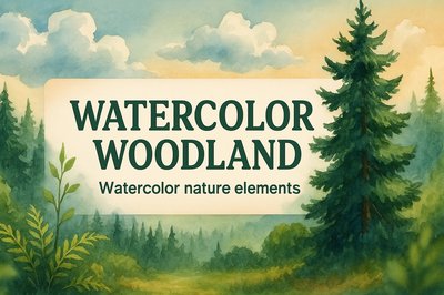 Serene Watercolor Woodland Landscape with Nature Elements