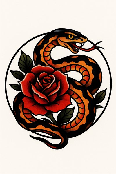 Vibrant Snake and Rose Tattoo Design