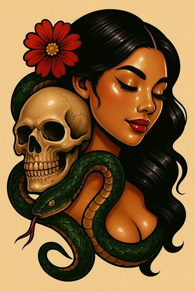 Stylized Tattoo Art Featuring a Woman, Skull, and Snake