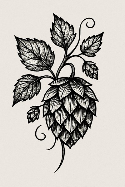 Detailed black and white illustration of a hop plant