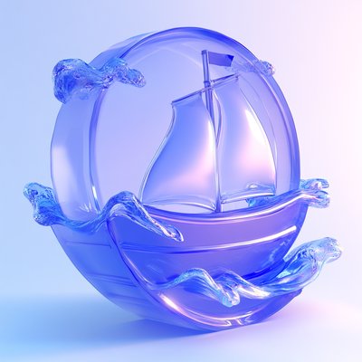 3D Render of a Ship in a Glass Sphere with Waves