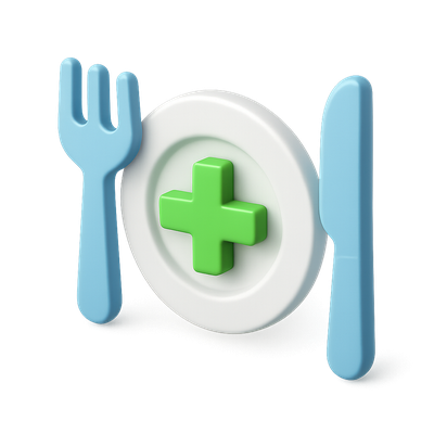 3D Cutlery Icon with Plus Sign on Plate