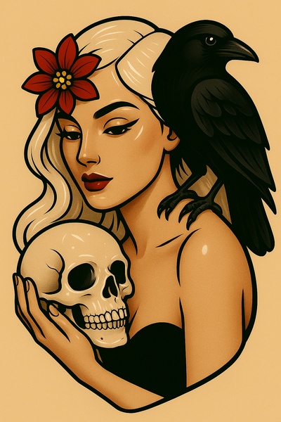 Stylized Tattoo Design Featuring a Woman with a Skull and Raven