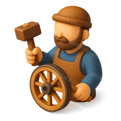 3D Wheelwright Icon with Hammer and Wheel