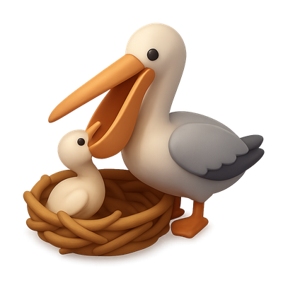 3D Illustration of a Stork and Chick in a Nest