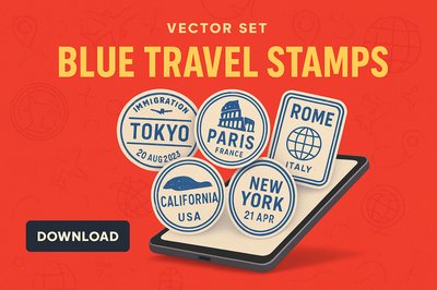 Vibrant Blue Travel Stamps Vector Design for Adventure