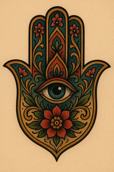 Intricate Hamsa Hand Illustration with Floral Elements