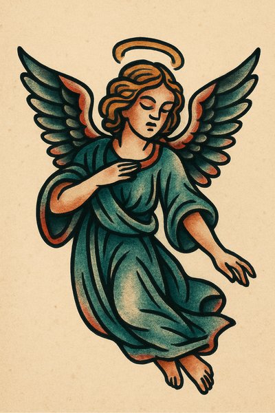 Artistic depiction of an angel with wings and halo