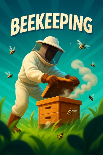 Dynamic Beekeeper Scene in Garden with Vibrant Colors