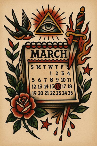 Vintage Tattoo Style Calendar Illustration for March