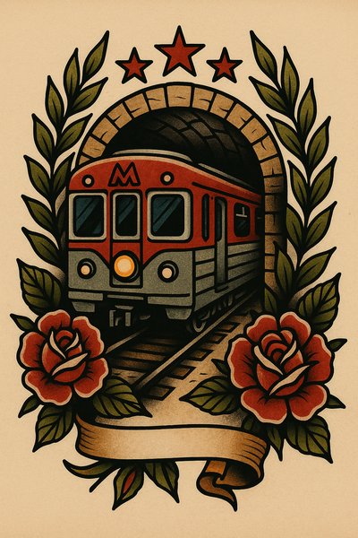 Vintage Style Metro Train Illustration with Floral Elements