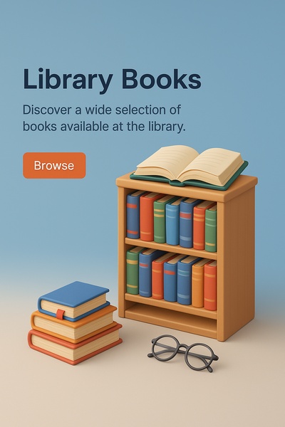3D Library Illustration with Books and Text