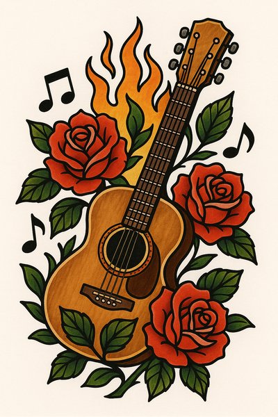 Vibrant Guitar and Rose Tattoo Design