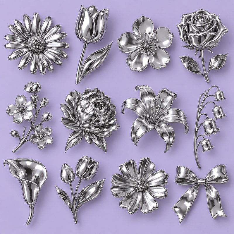 3D chrome flower design elements