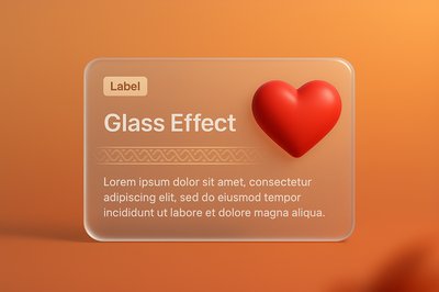3D Red Heart Label with Glass Effect on Gradient Background