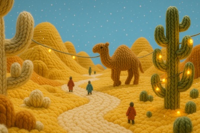 Festive Yarn Desert Scene with Camel and People